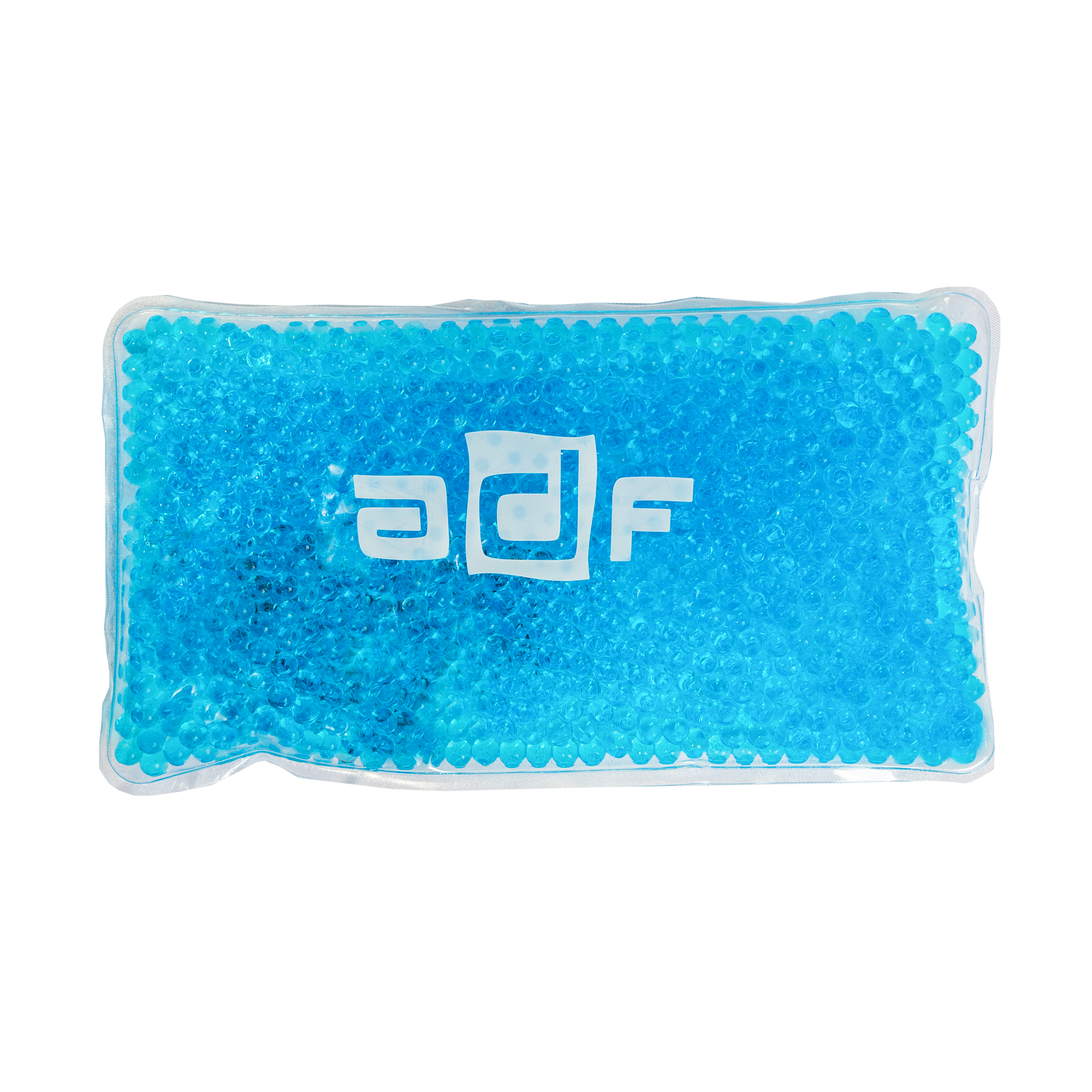 A freezable ice pack with blue beads that says ADF