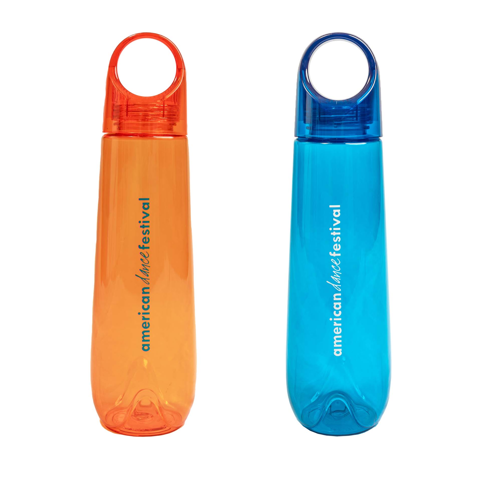 Two water bottles (one orange, one blue) with "american dance festival" printed on it