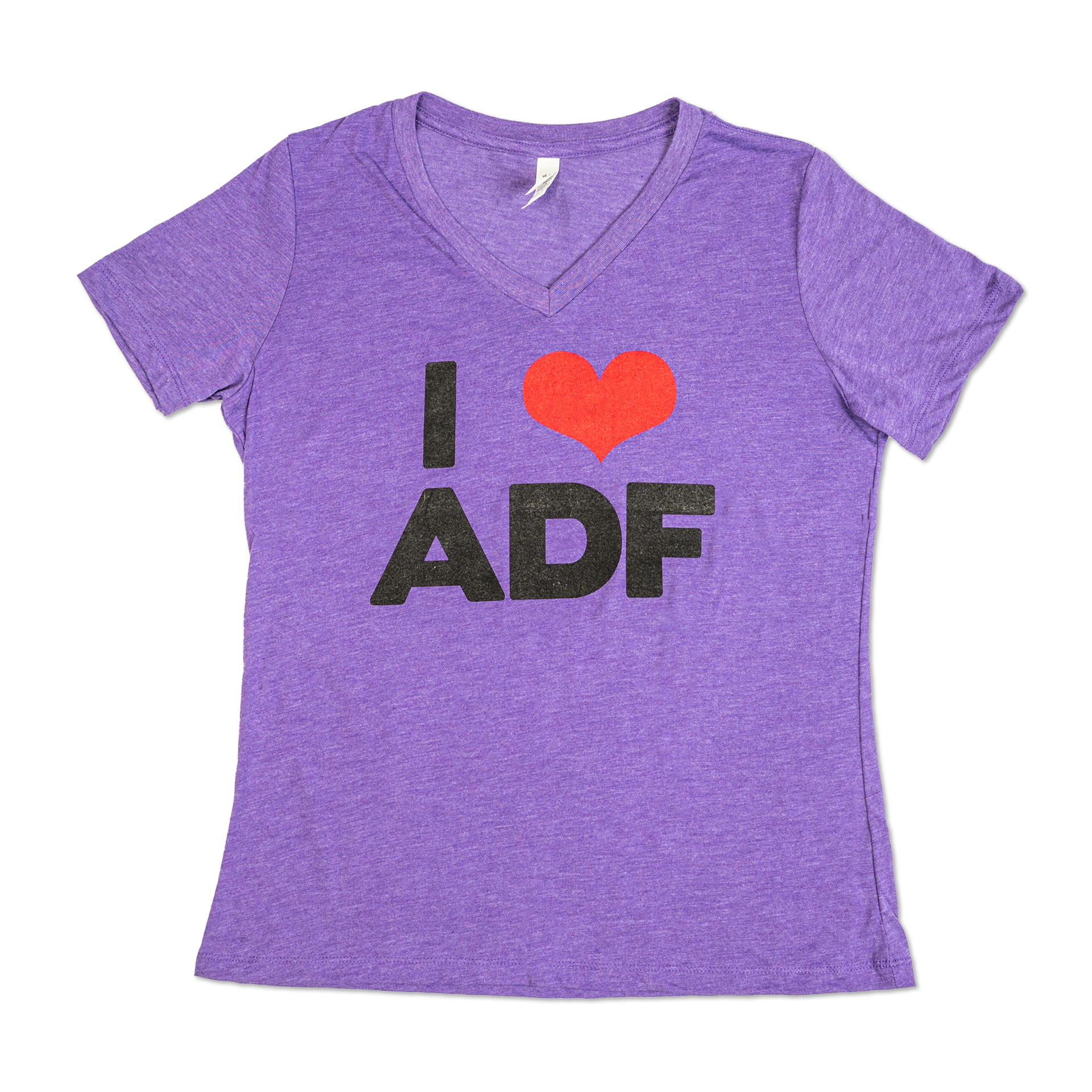 A purple v-neck shirt with I heart ADF printed on it in black and red