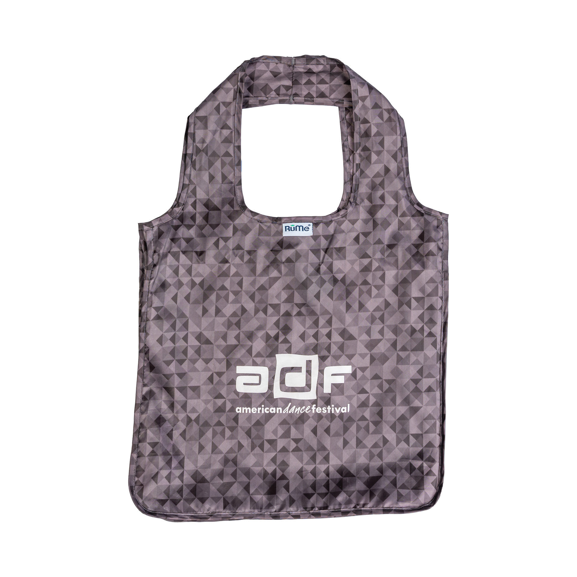 A grey tote bag with the ADF logo printed on it