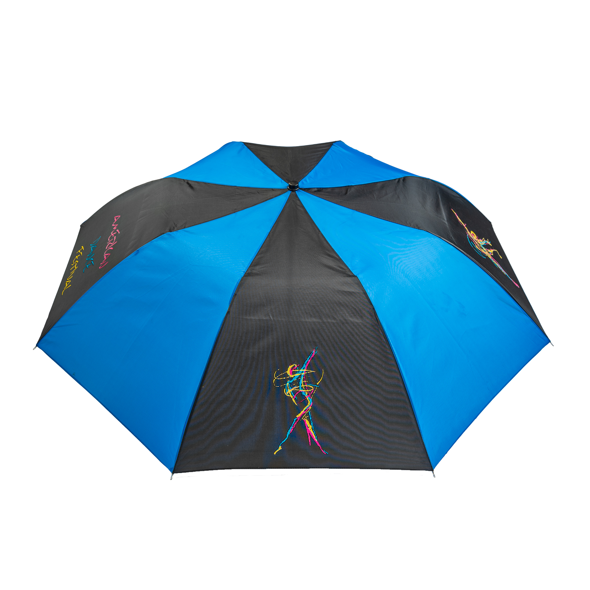 A blue and black umbrella with colorful illustrations of dancers