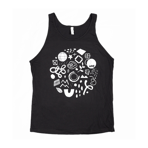 A black tank top with white abstract shapes contains within a circular shape
