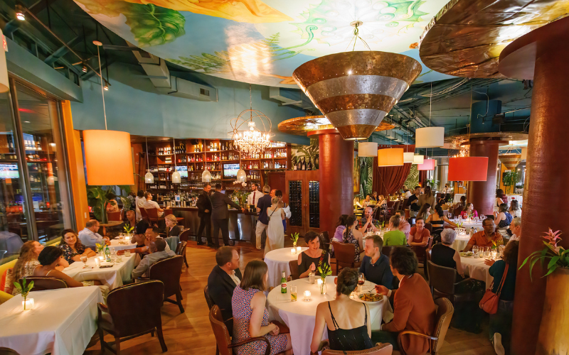 Dining room and bar of a restaurant with a ceiling mural