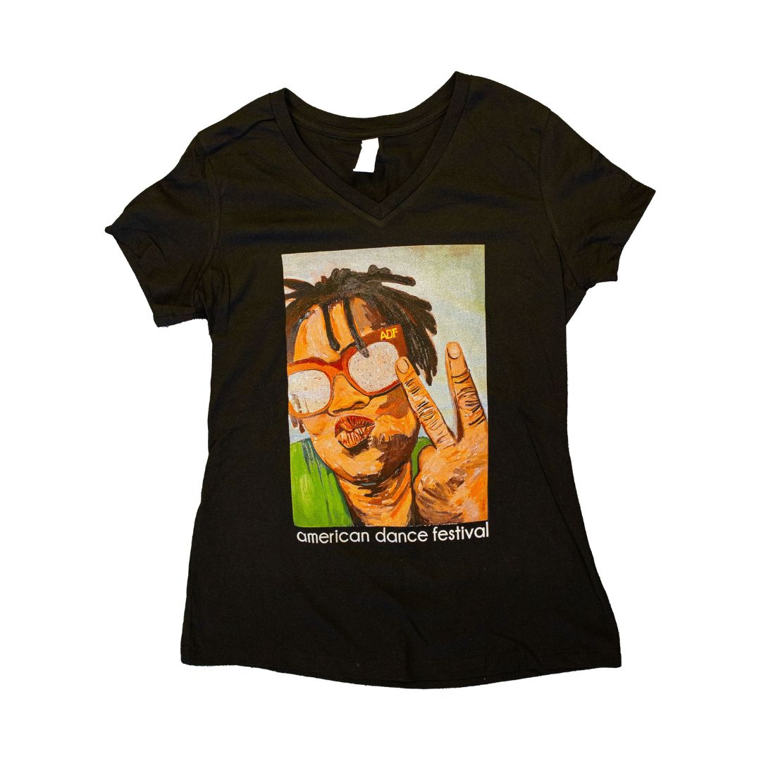 Black tshirt with three colorful abstract dancing figures
